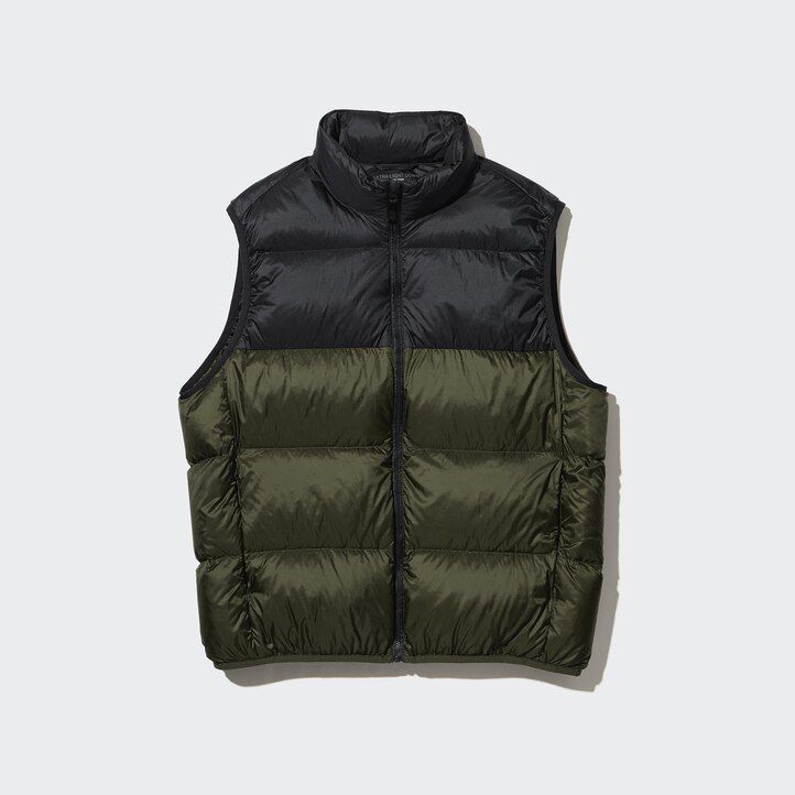uniqlo ultra light daunenjacken für herren in olivgrün mit farbblockmuster