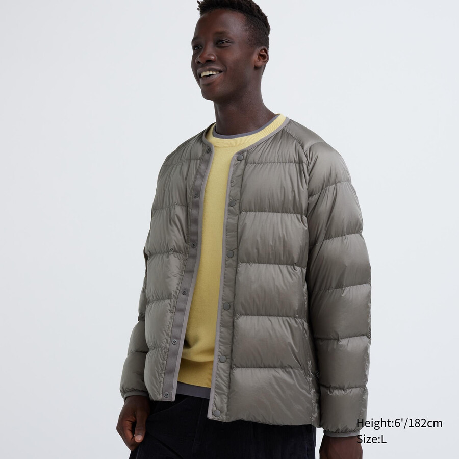 graue herren-daunenjacken von uniqlo aus 100 recycelten materialien