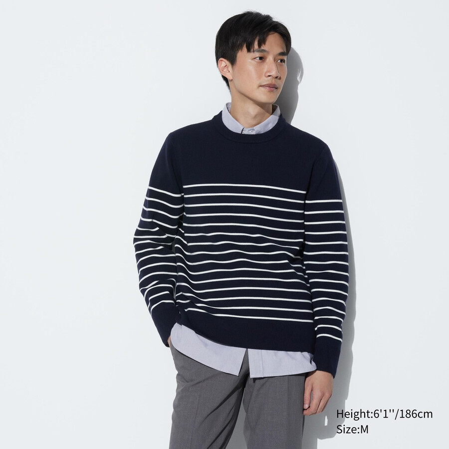 uniqlo waschbarer milano rippstrick-pullover mit streifenmuster und rundhalsausschnitt für herren marineblau