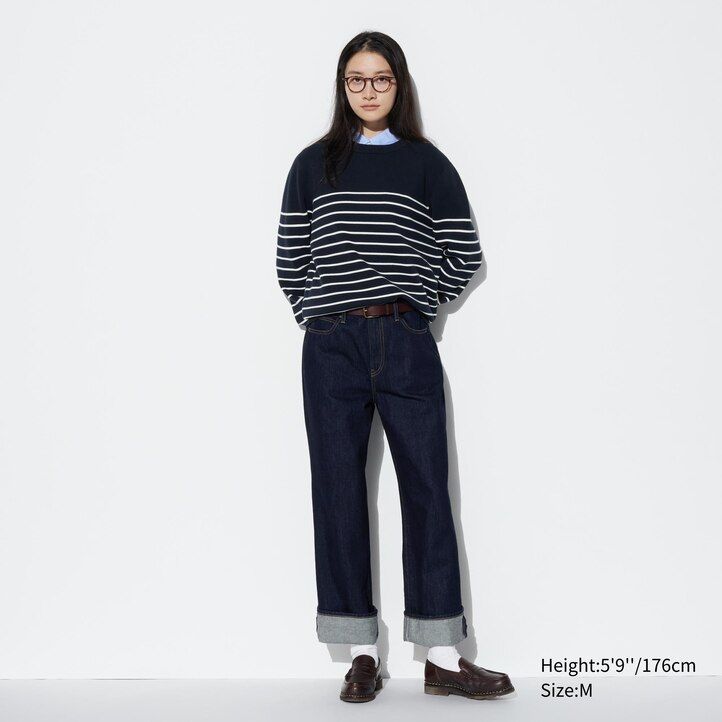 uniqlo waschbarer milano rippstrick-pullover mit streifenmuster und rundhalsausschnitt für herren marineblau