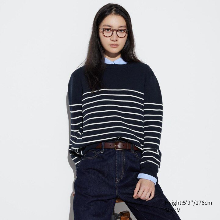 uniqlo waschbarer milano rippstrick-pullover mit streifenmuster und rundhalsausschnitt für herren marineblau