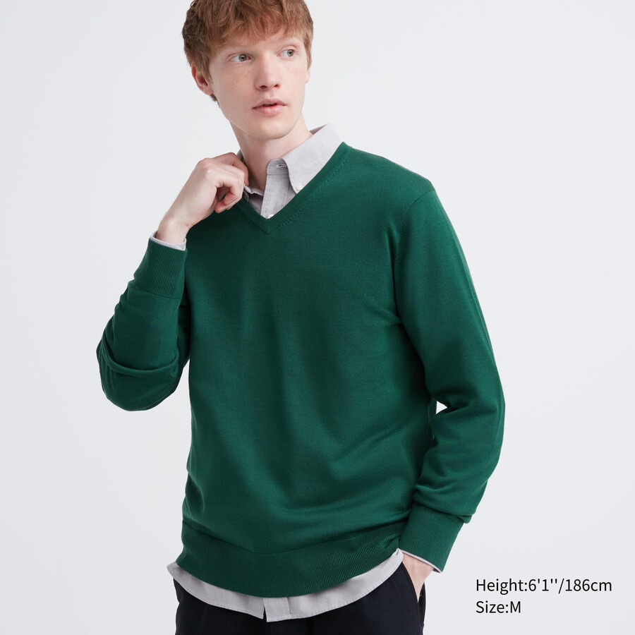 uniqlo extra fine merino v-ausschnitt herrenpullover grün