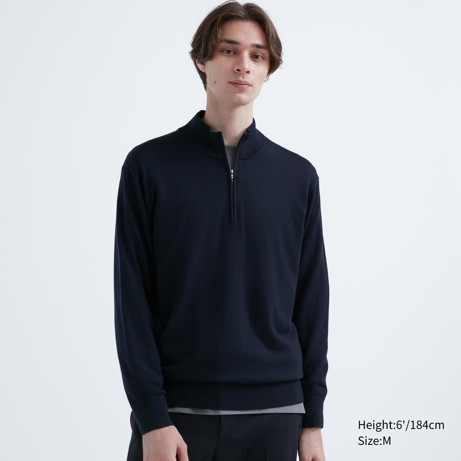 uniqlo herrenpullover mit halbem reißverschluss aus 100 extrafeiner merinowolle marineblau