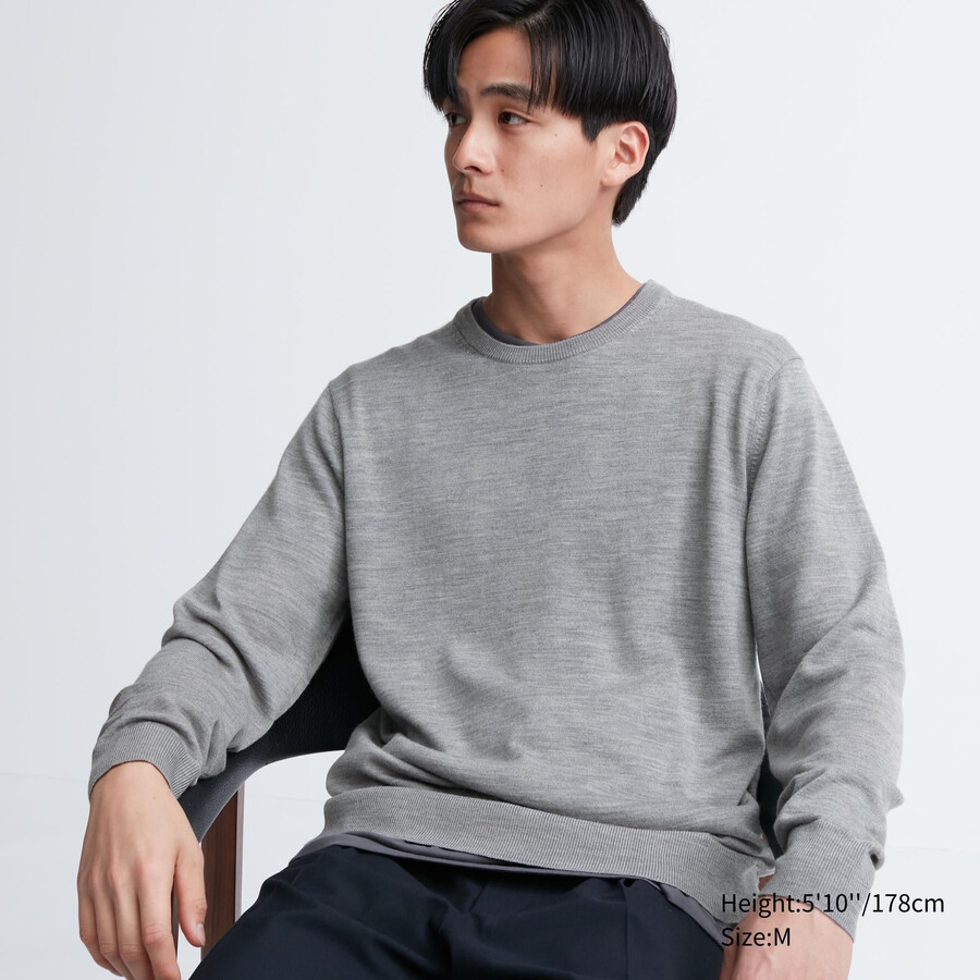 grauer uniqlo extra fine merino rundhals-pullover für herren