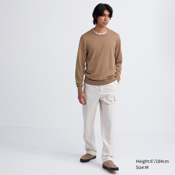 grauer uniqlo extra fine merino rundhals-pullover für herren