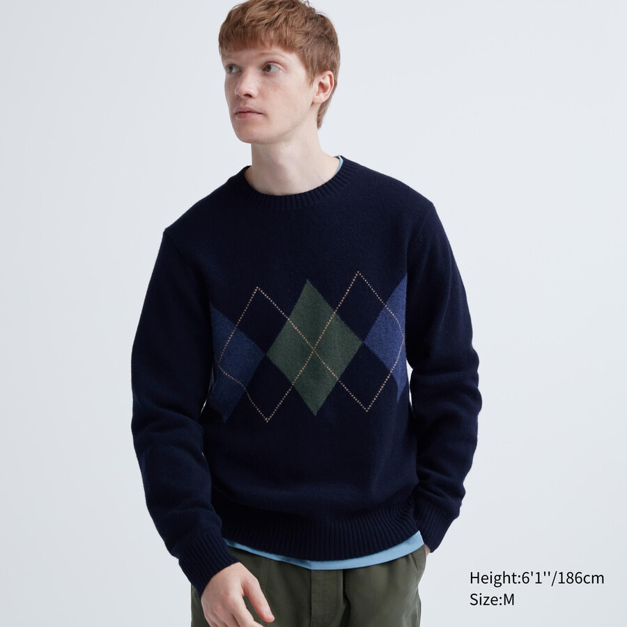 uniqlo premium herrenpullover aus lammwolle mit argyle-muster und rundhalsausschnitt in marineblau