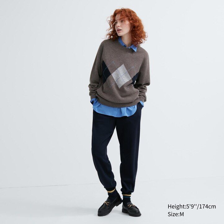 uniqlo premium herrenpullover aus lammwolle mit argyle-muster und rundhalsausschnitt in marineblau
