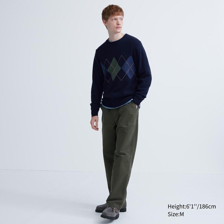 uniqlo premium herrenpullover aus lammwolle mit argyle-muster und rundhalsausschnitt in marineblau