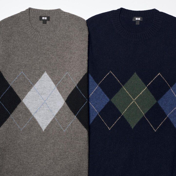uniqlo premium herrenpullover aus lammwolle mit argyle-muster und rundhalsausschnitt in marineblau