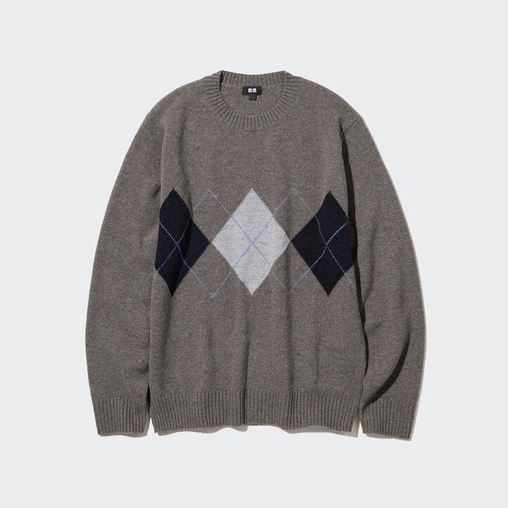uniqlo premium herrenpullover aus lammwolle mit argyle-muster und rundhalsausschnitt in marineblau