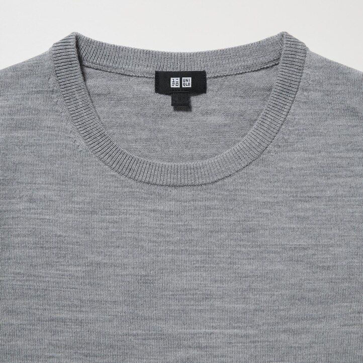 grauer uniqlo herrenpullover aus 100 extrafeiner merinowolle mit rundhalsausschnitt