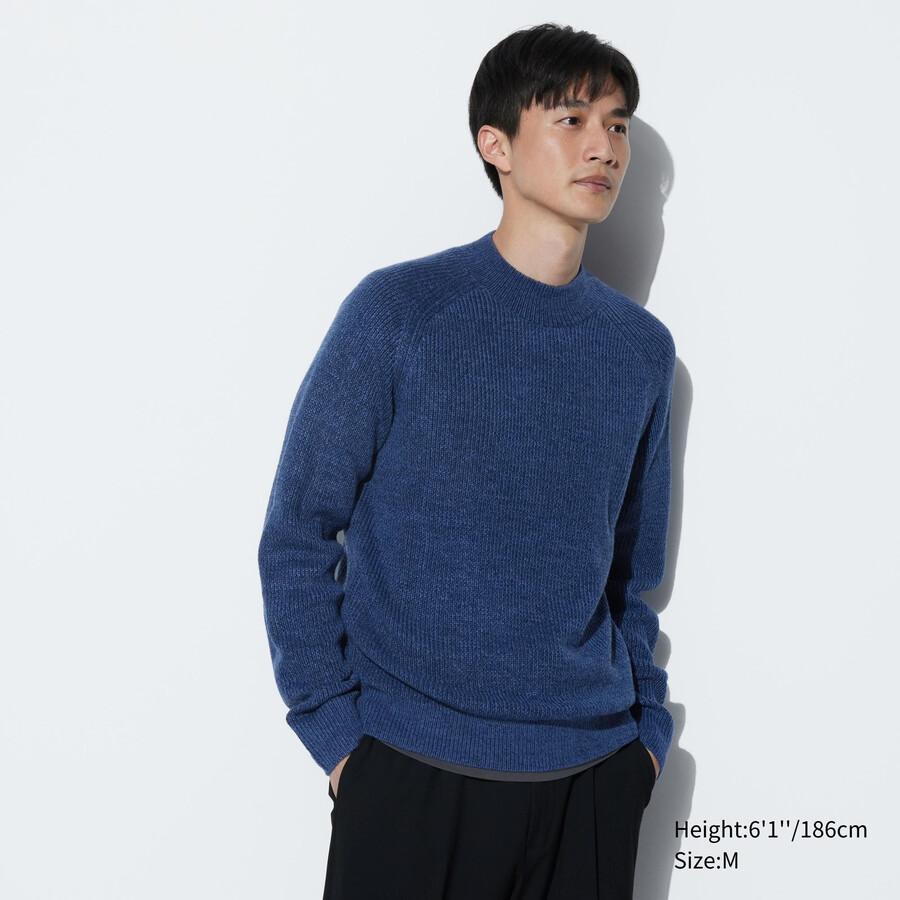 uniqlo herrenpullover mit stehkragen mittelgrob gestrickt blau