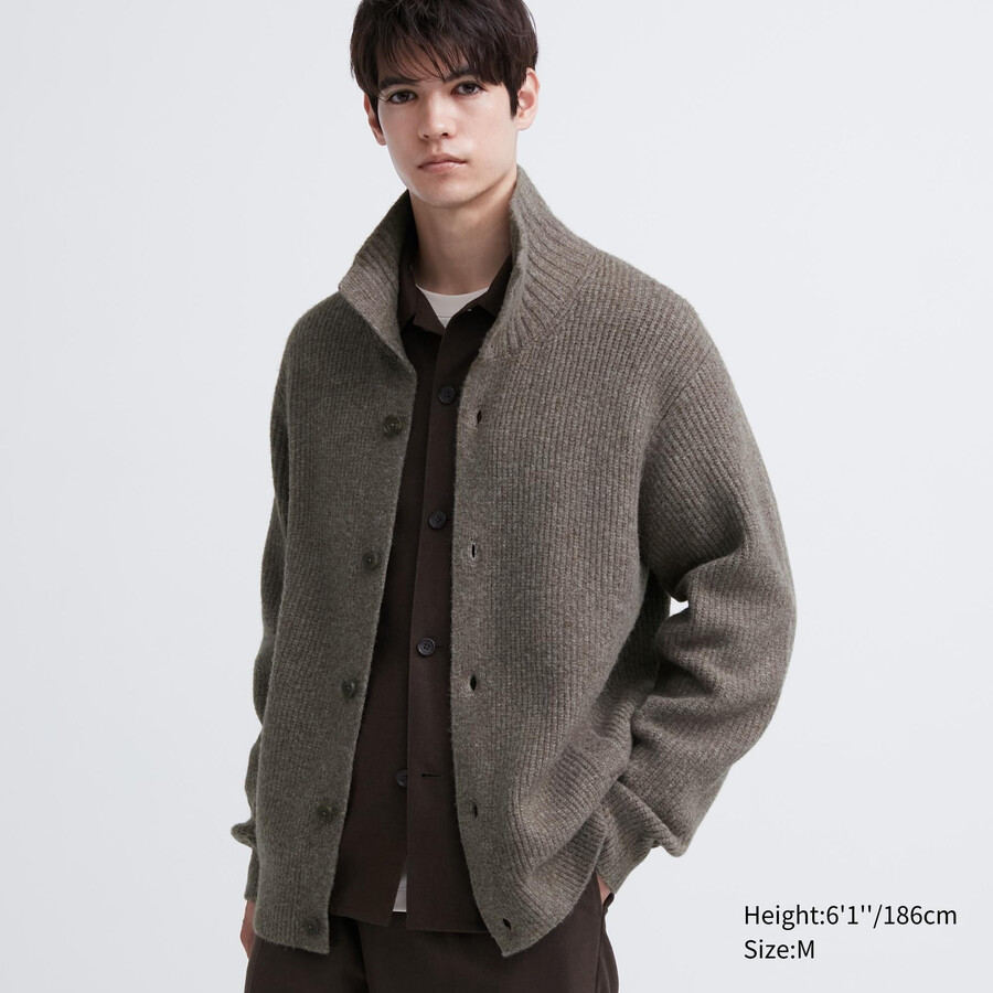 brauner uniqlo souffle-garn-pullover mit stehkragen für herren niedrige maschenweite