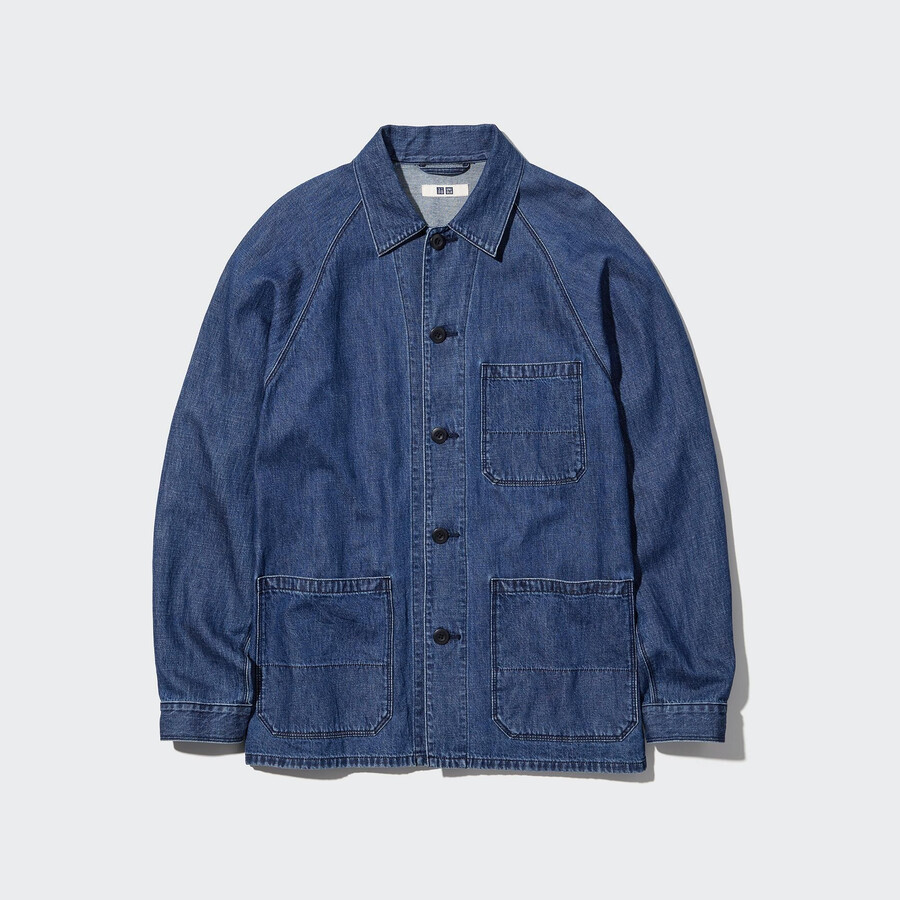 blaues uniqlo herren-overshirt aus baumwoll-leinen-mischgewebe