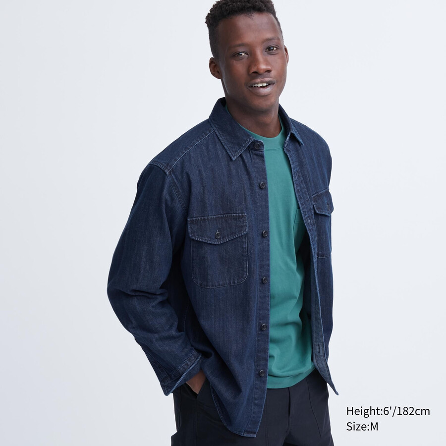 uniqlo denim oversized utility herren-overshirt blau