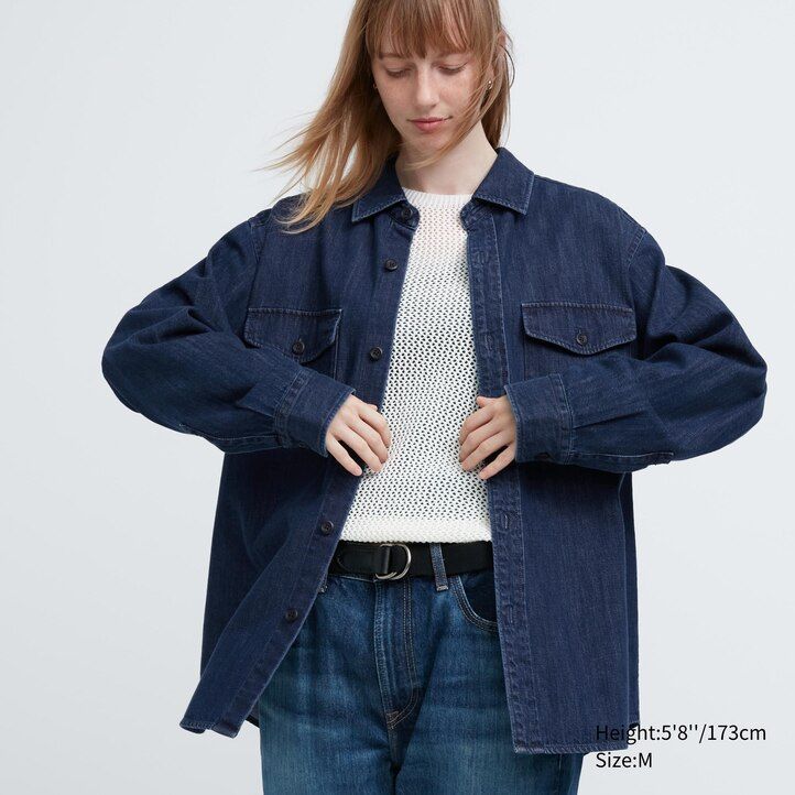 uniqlo denim oversized utility herren-overshirt blau