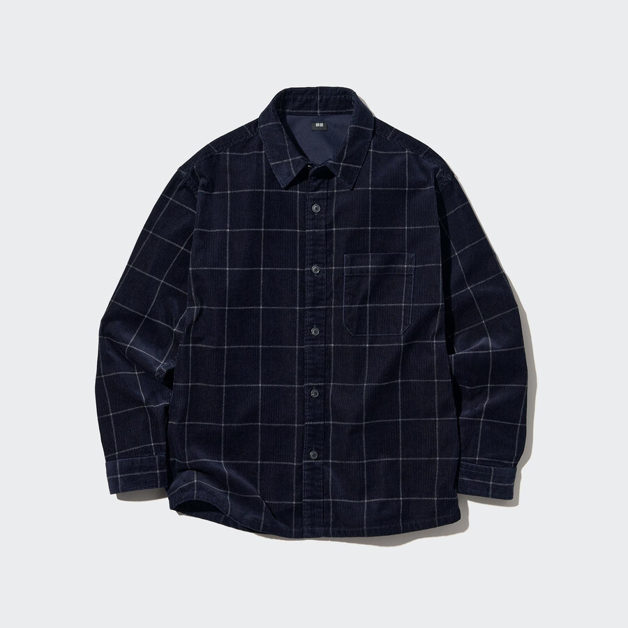 marineblaues uniqlo herren-cordhemd im oversize-look mit karomuster