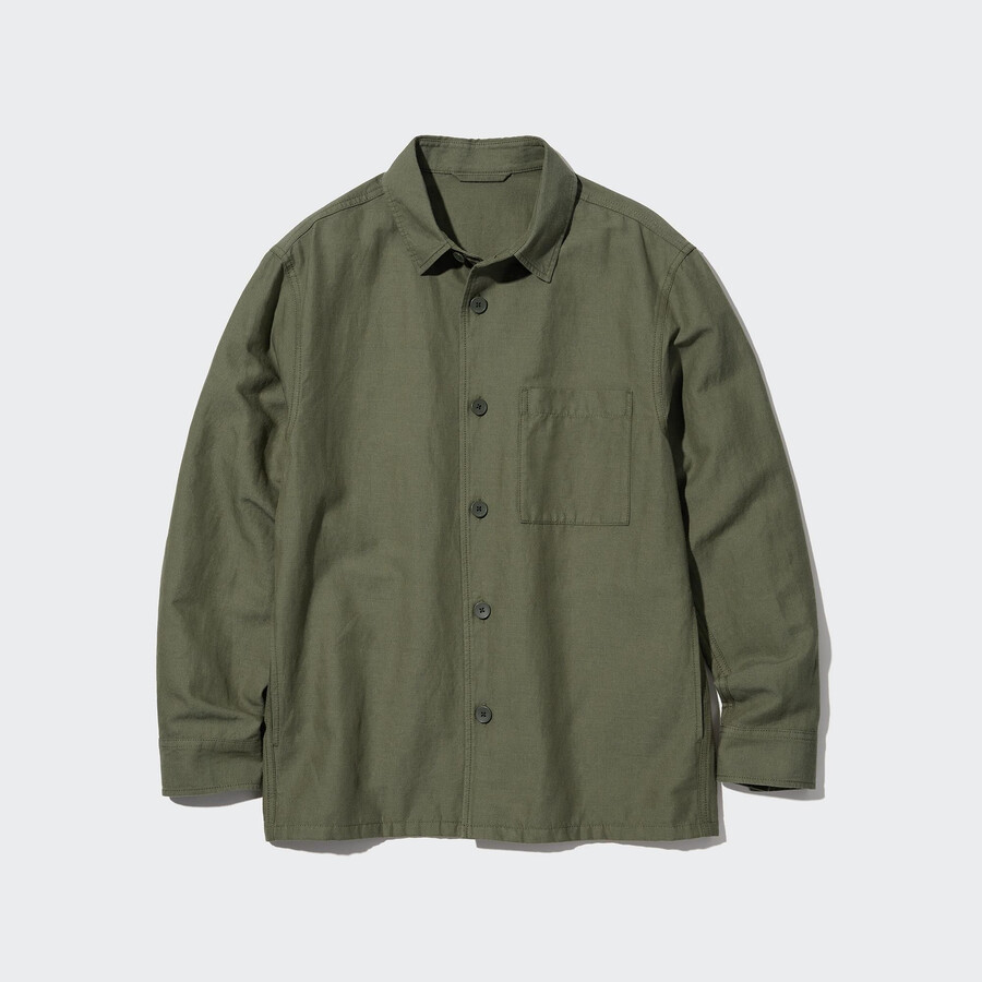 uniqlo herren-overshirt aus baumwoll-leinen-mischgewebe in olivgrün