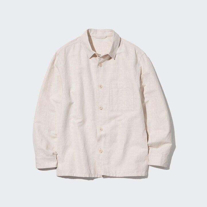 uniqlo herren-overshirt aus baumwoll-leinen-mischgewebe in olivgrün