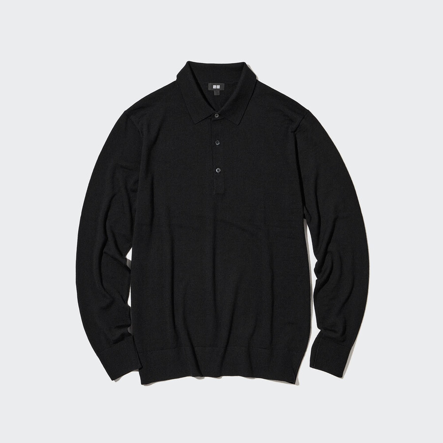 schwarzes uniqlo herren-poloshirt aus 100 extrafeinem merinostrick mit Ärmeln