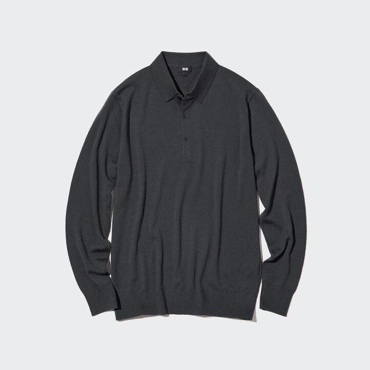 schwarzes uniqlo herren-poloshirt aus 100 extrafeinem merinostrick mit Ärmeln