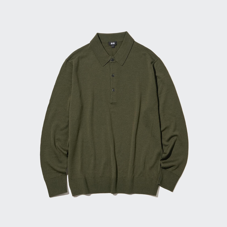 uniqlo herren-poloshirt aus 100 extrafeiner merinowolle mit Ärmeln olivgrün