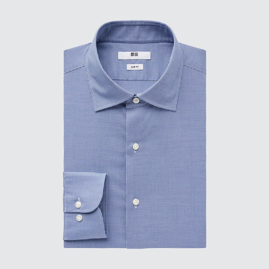 blaues uniqlo easyre stretch slim fit herrenhemd mit karomuster und halboffenem kragen