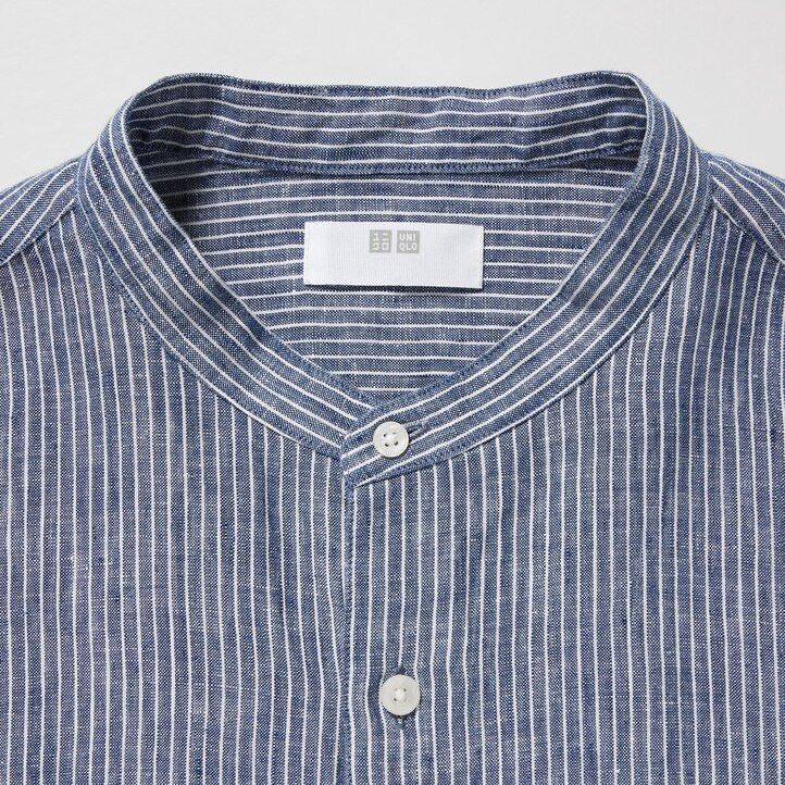 blaues uniqlo herrenhemd aus 100 premium-leinen mit streifenmuster und stehkragen in regulärer passform