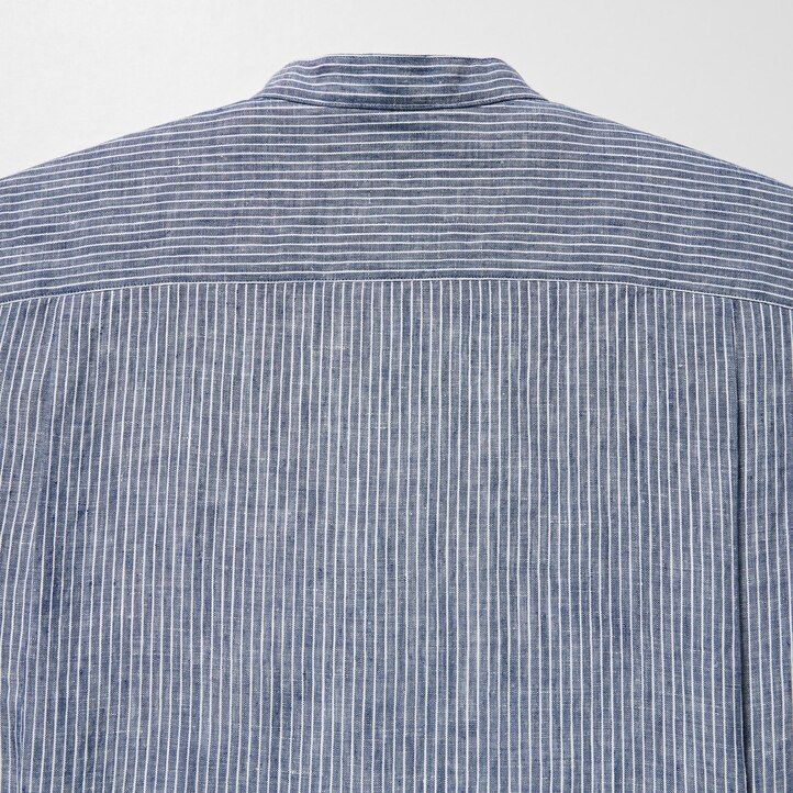 blaues uniqlo herrenhemd aus 100 premium-leinen mit streifenmuster und stehkragen in regulärer passform