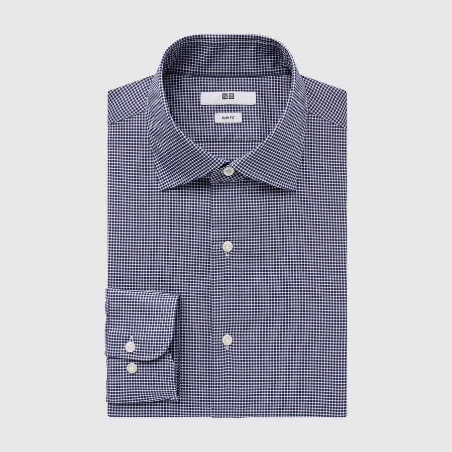 uniqlo easyre stretch slim fit herrenhemd mit karomuster und halboffenem kragen marineblau