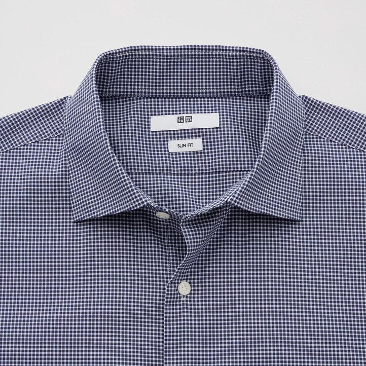 uniqlo easyre stretch slim fit herrenhemd mit karomuster und halboffenem kragen marineblau