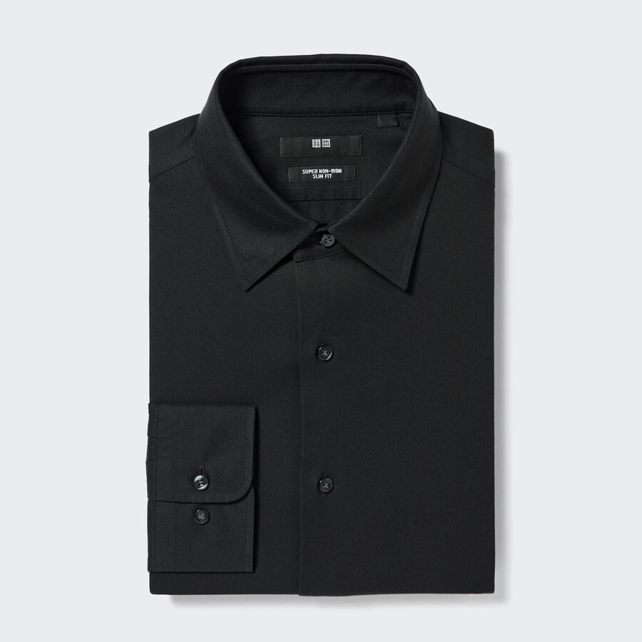 uniqlo herren-super-bügelfreies slim-fit-t-shirt mit normalem kragen schwarz