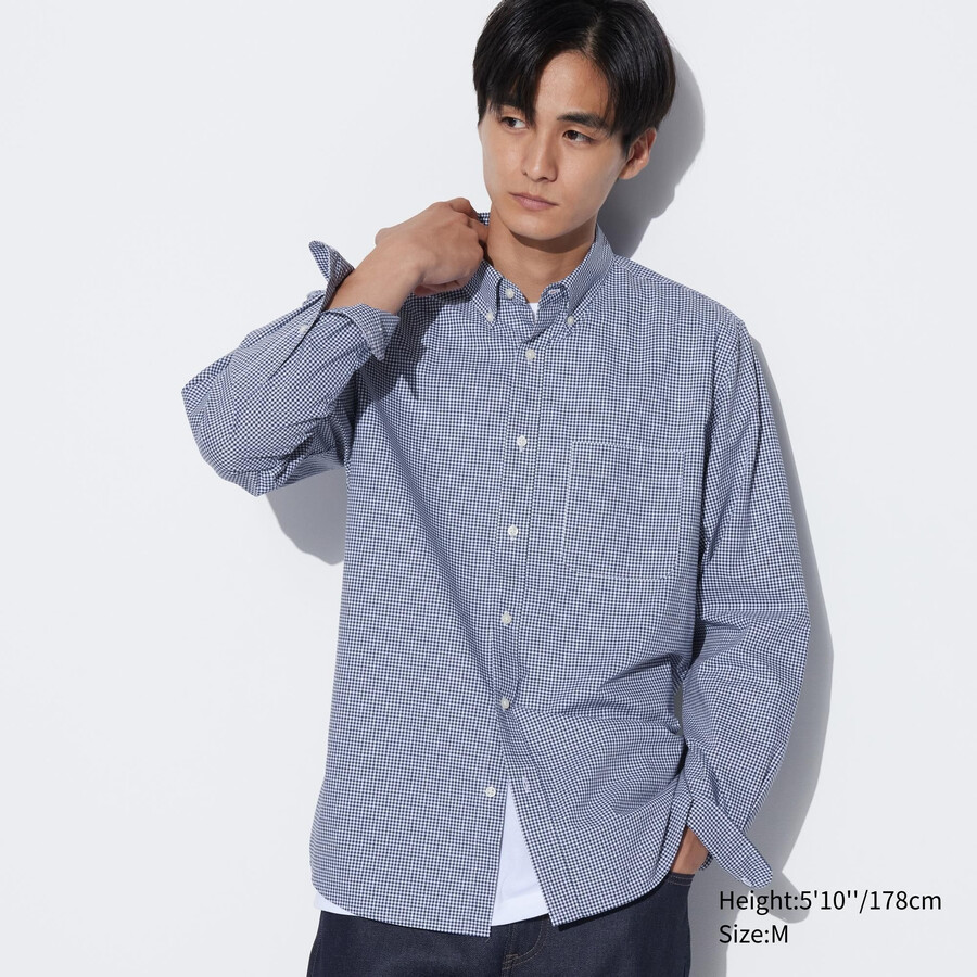 blaue uniqlo herrenhemden aus extrafeinem baumwoll-broadcloth mit normaler passform kariertem kragen und knopfleiste