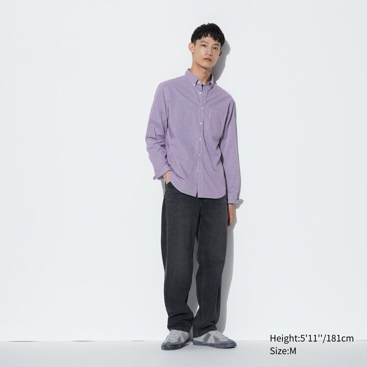 blaue uniqlo herrenhemden aus extrafeinem baumwoll-broadcloth mit normaler passform kariertem kragen und knopfleiste