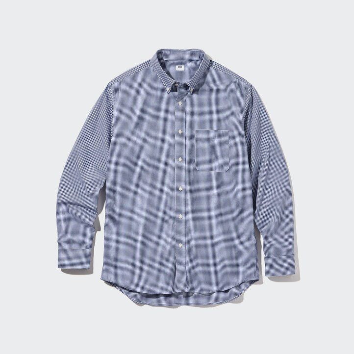 blaue uniqlo herrenhemden aus extrafeinem baumwoll-broadcloth mit normaler passform kariertem kragen und knopfleiste