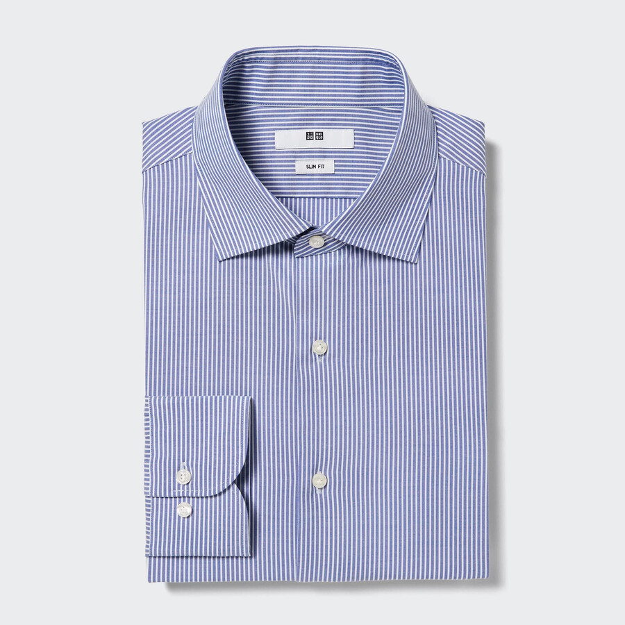 blaues uniqlo easyre stretch slim fit herrenhemd mit streifenmuster und halboffenem kragen