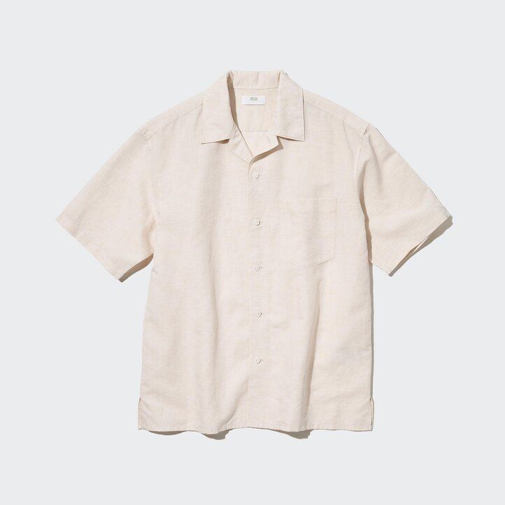 beige uniqlo herrenhemden aus leinenmischung mit Ärmeln und offenem kragen