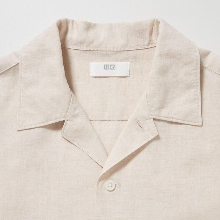 beige uniqlo herrenhemden aus leinenmischung mit Ärmeln und offenem kragen