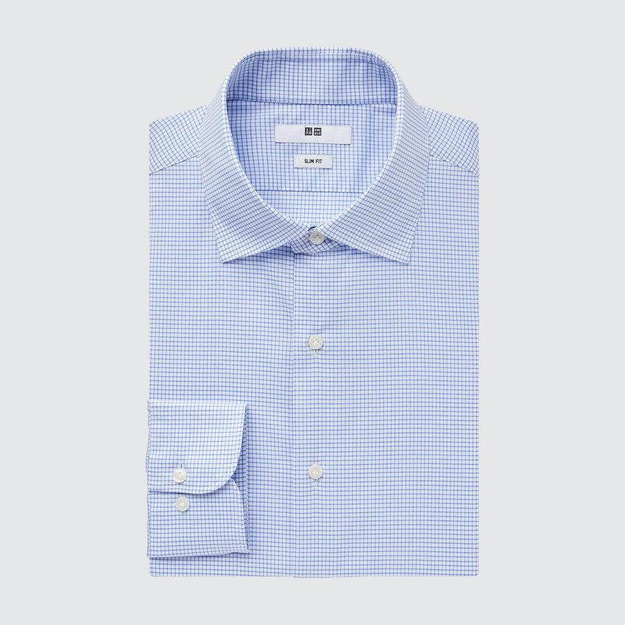 blaue uniqlo easyre stretch slim fit herrenhemden mit karomuster und halboffenem kragen