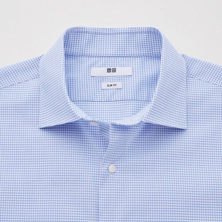 blaue uniqlo easyre stretch slim fit herrenhemden mit karomuster und halboffenem kragen