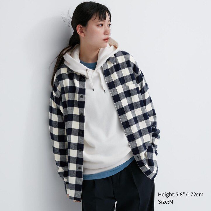uniqlo herren-flanellhemd normale passform kariert normaler kragen weiß