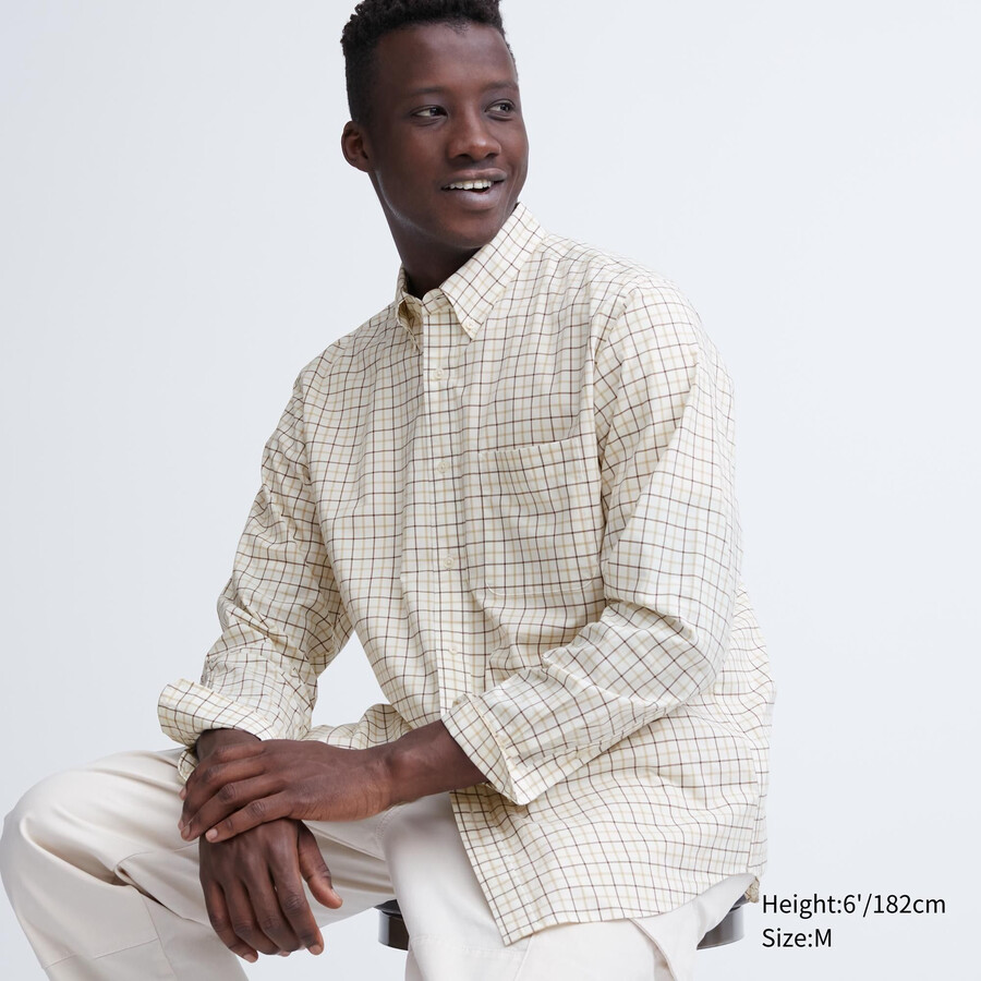 uniqlo herrenhemd aus extrafeinem baumwoll-broadcloth normaler passform kariert mit button-down-kragen weiß
