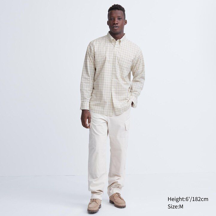 uniqlo herrenhemd aus extrafeinem baumwoll-broadcloth normaler passform kariert mit button-down-kragen weiß