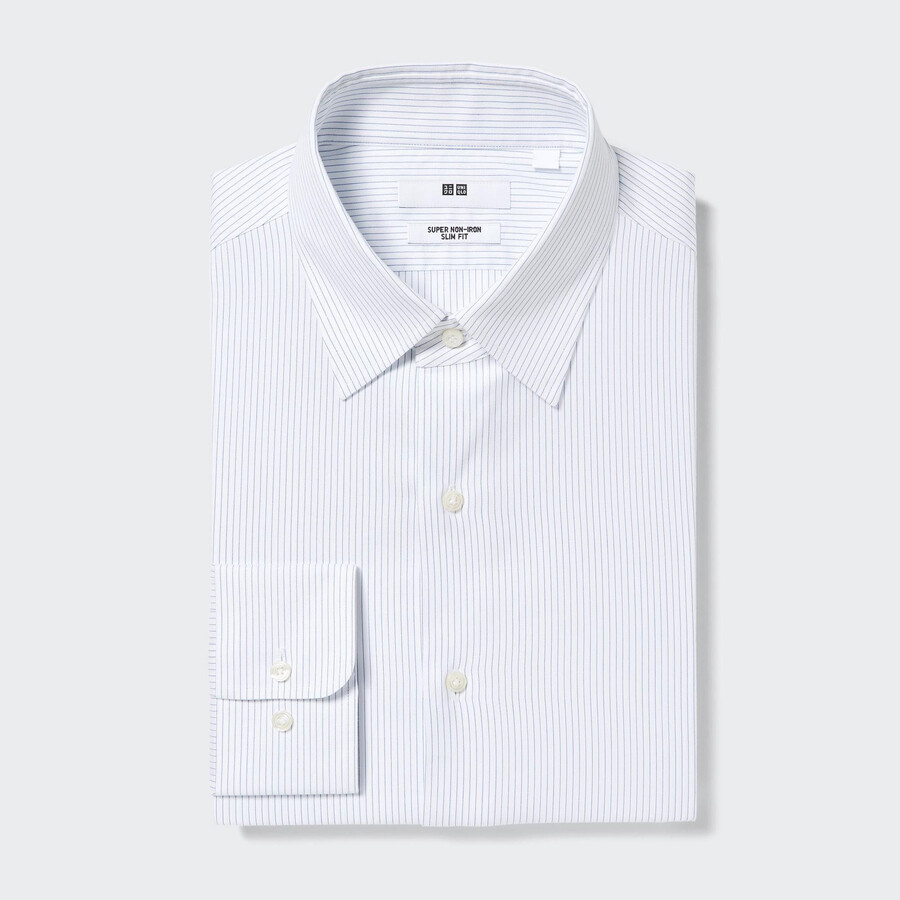 blaues uniqlo super non iron slim fit streifenhemd mit normalem kragen für herren