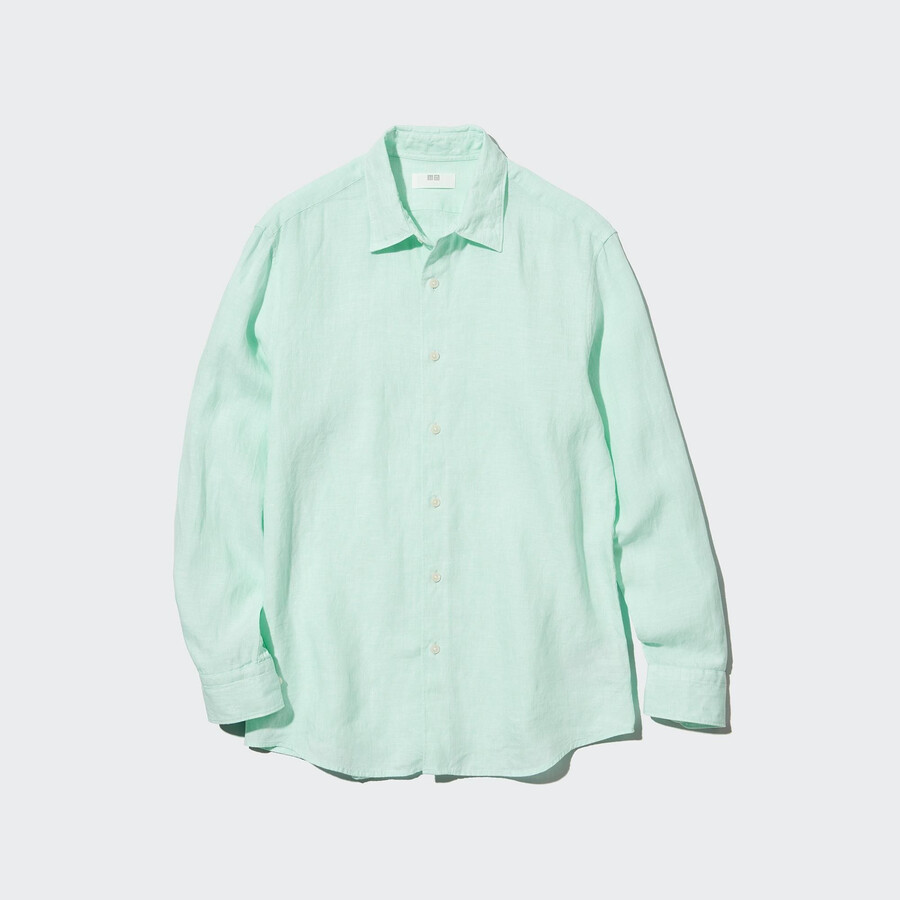 uniqlo herrenhemd aus 100 premium-leinen reguläre passform stehkragen hellgrün