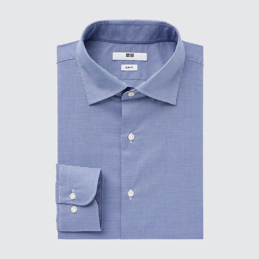 blaues uniqlo easyre herren-t-shirt aus stretch-breitgewebe mit schmaler passform und halboffenem kragen