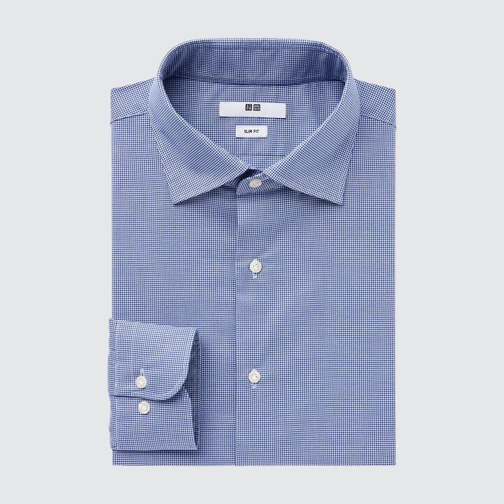 blaues uniqlo easyre herren-t-shirt aus stretch-breitgewebe mit schmaler passform und halboffenem kragen