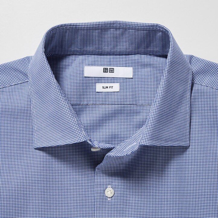 blaues uniqlo easyre herren-t-shirt aus stretch-breitgewebe mit schmaler passform und halboffenem kragen