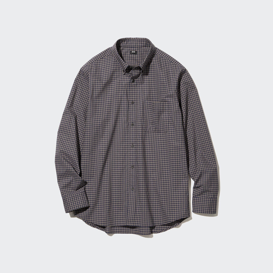 braunes uniqlo herrenhemd aus extrafeinem baumwoll-broadcloth mit karomuster regulärer passform und button-down-kragen modell „extra fine cotton broadcloth regular fit.