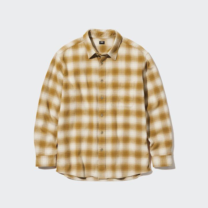 graue uniqlo herren-flanellhemden mit normaler passform und karomuster regulärem kragen